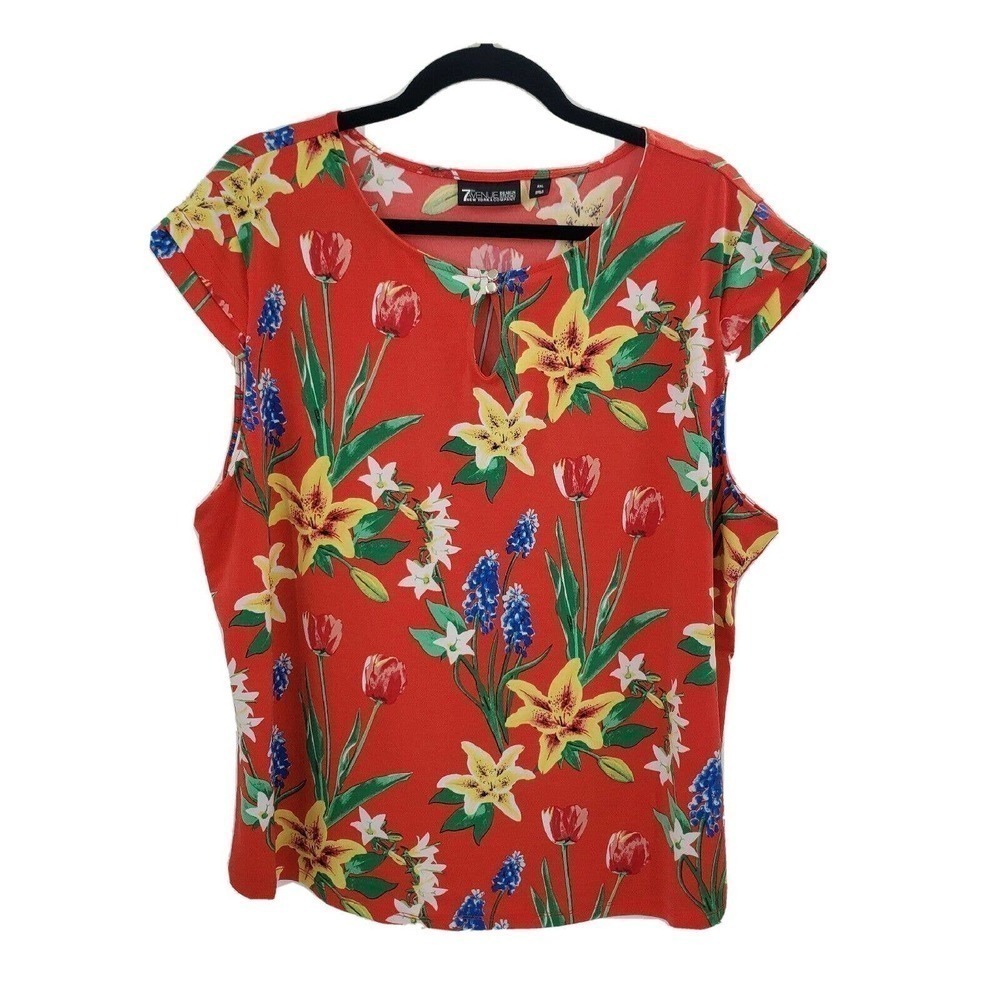 7th Avenue New York & Co Floral Knit Top Womens Size XxL Red Lily Cap Sleeve